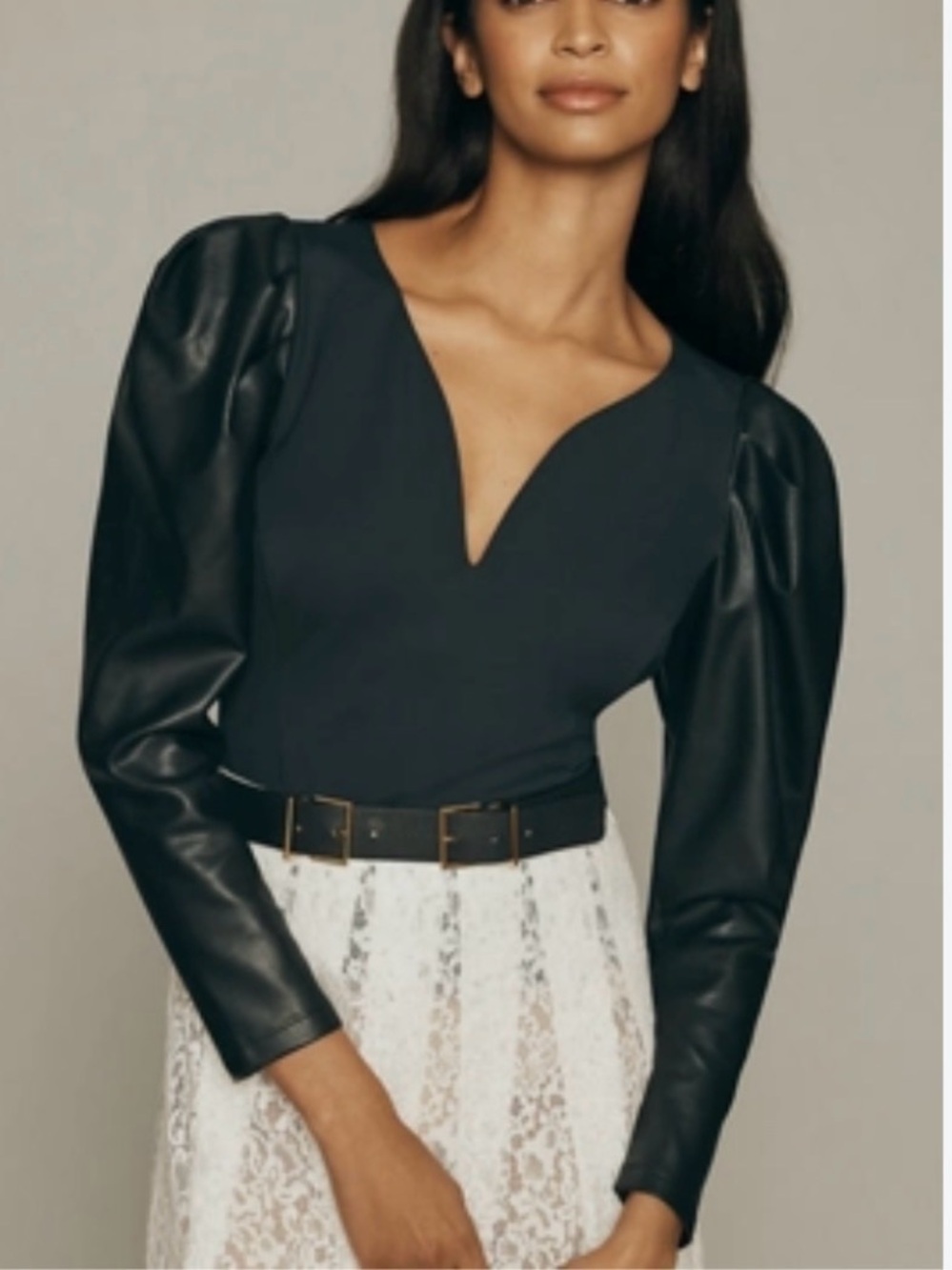 By Anthropologie Black Faux Leather Puff Sleeve Plunge V Neck Fitted Top Medium